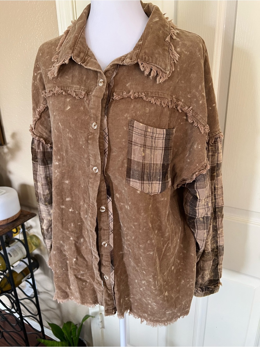BiBi Brown Corduroy Plaid Patchwork Shacket Bleached Frayed Overshirt L - Picture 6 of 8